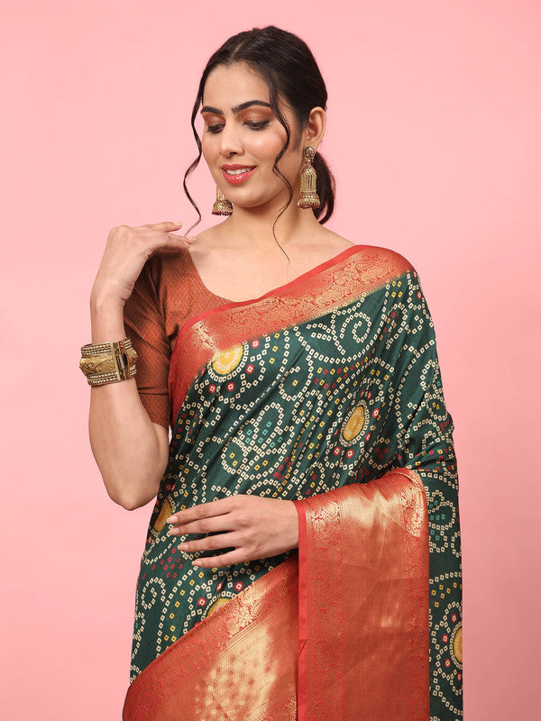 Green Silk Blend Digital Print Bandhani Saree with Unstitched Blouse - Hiral Fashion - Distacart