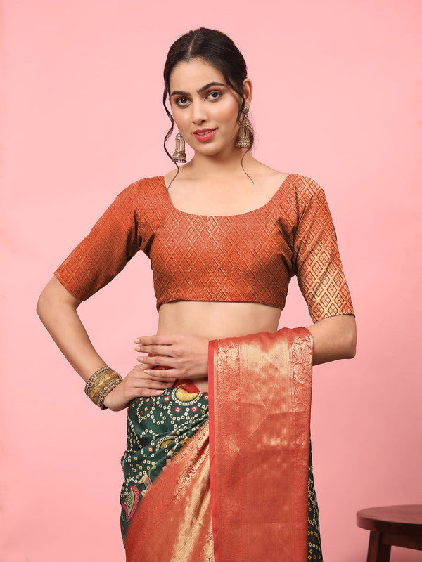 Green Silk Blend Digital Print Bandhani Saree with Unstitched Blouse - Hiral Fashion - Distacart