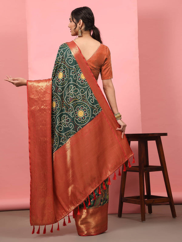 Green Silk Blend Digital Print Bandhani Saree with Unstitched Blouse - Hiral Fashion - Distacart