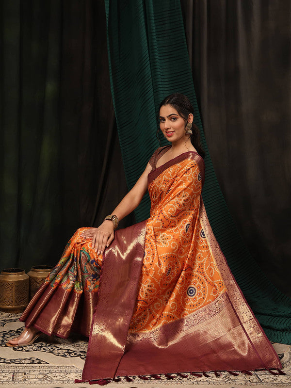 Orange Silk Blend Digital Print Bandhani Saree with Unstitched Blouse - Hiral Fashion - Distacart