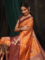 Thumbnail for Orange Silk Blend Digital Print Bandhani Saree with Unstitched Blouse - Hiral Fashion - Distacart