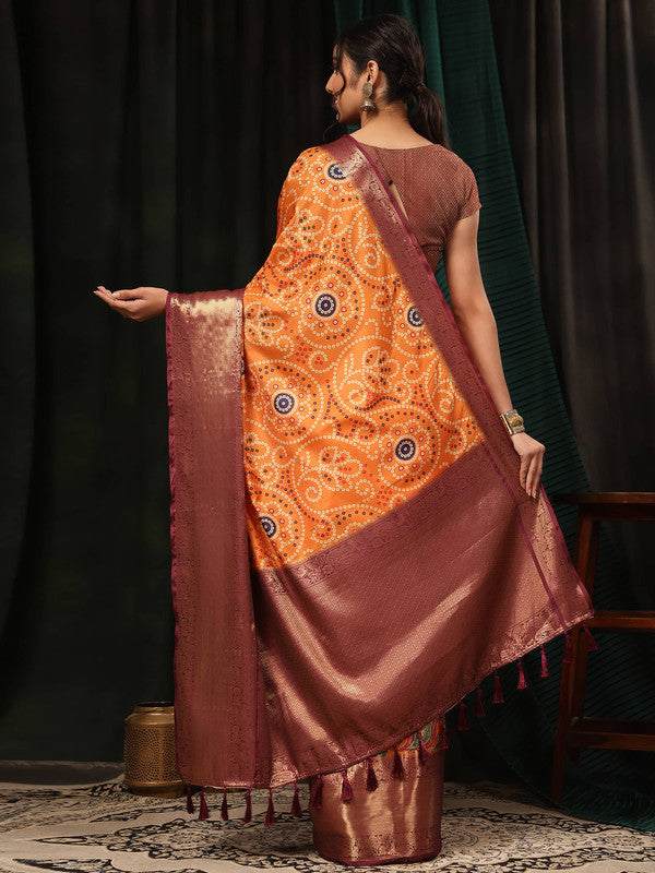 Orange Silk Blend Digital Print Bandhani Saree with Unstitched Blouse - Hiral Fashion - Distacart