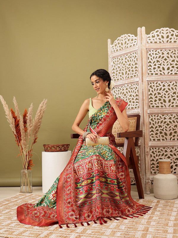 Green Silk Blend Digital Print Ikkat Saree with Unstitched Blouse - Hiral Fashion - Distacart