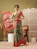 Thumbnail for Green Silk Blend Digital Print Ikkat Saree with Unstitched Blouse - Hiral Fashion - Distacart