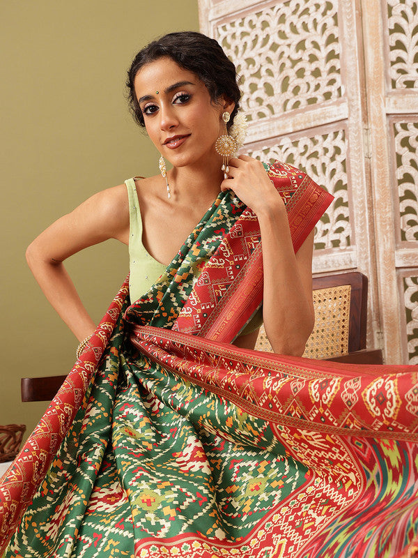 Green Silk Blend Digital Print Ikkat Saree with Unstitched Blouse - Hiral Fashion - Distacart
