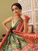Thumbnail for Green Silk Blend Digital Print Ikkat Saree with Unstitched Blouse - Hiral Fashion - Distacart