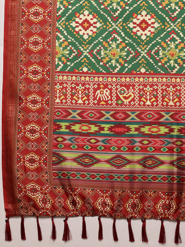 Green Silk Blend Digital Print Ikkat Saree with Unstitched Blouse - Hiral Fashion - Distacart