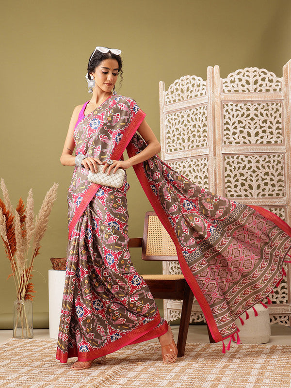 Olive Silk Blend Digital Print Ikkat Saree with Unstitched Blouse - Hiral Fashion - Distacart