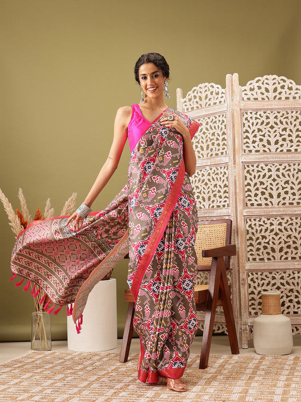Olive Silk Blend Digital Print Ikkat Saree with Unstitched Blouse - Hiral Fashion - Distacart