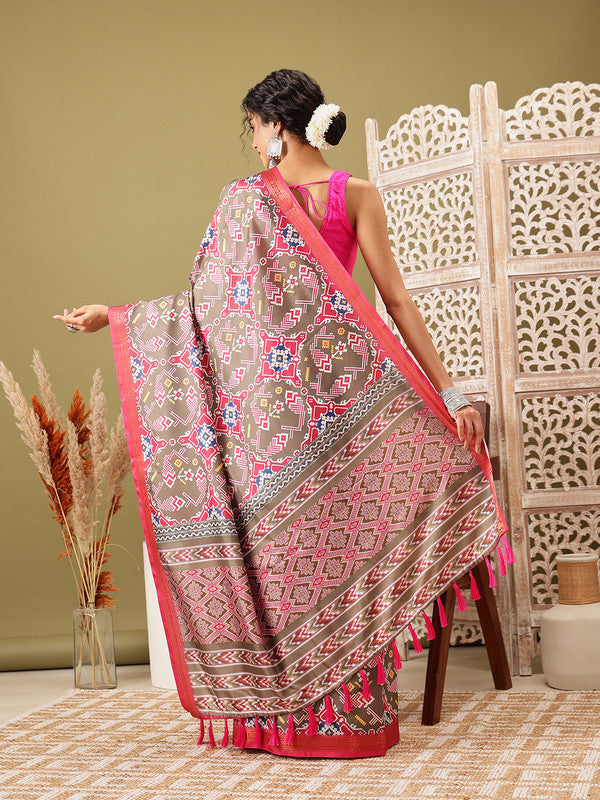 Olive Silk Blend Digital Print Ikkat Saree with Unstitched Blouse - Hiral Fashion - Distacart
