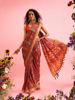 Thumbnail for Maroon Silk Blend Digital Print Ikkat Saree with Unstitched Blouse - Hiral Fashion - Distacart