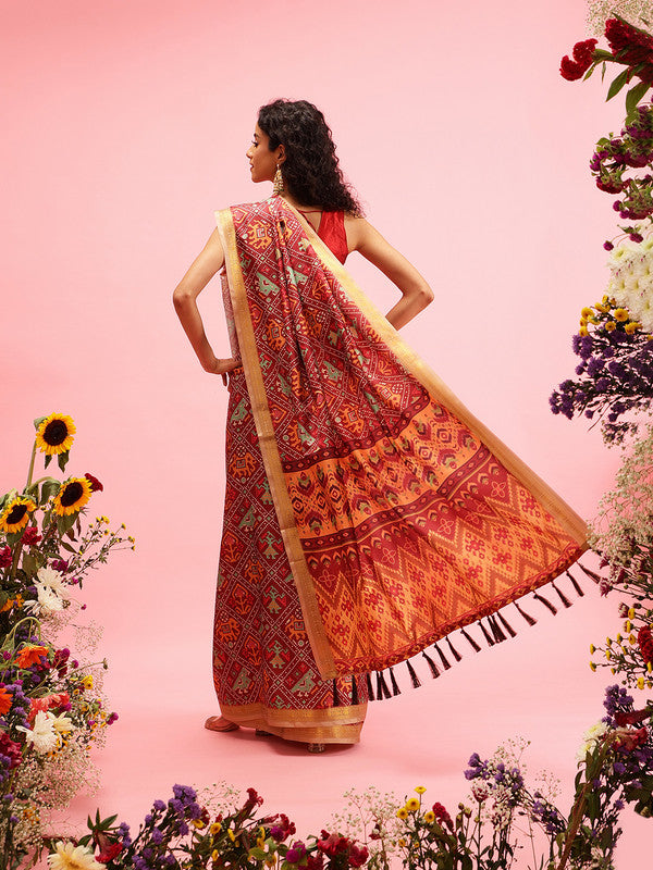 Maroon Silk Blend Digital Print Ikkat Saree with Unstitched Blouse - Hiral Fashion - Distacart