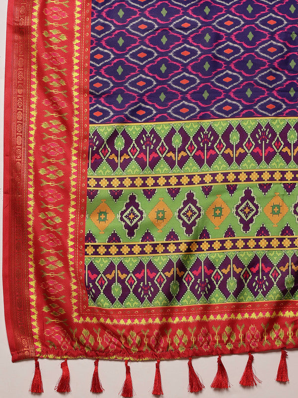 Royal Blue Silk Blend Digital Print Ikkat Saree with Unstitched Blouse - Hiral Fashion - Distacart