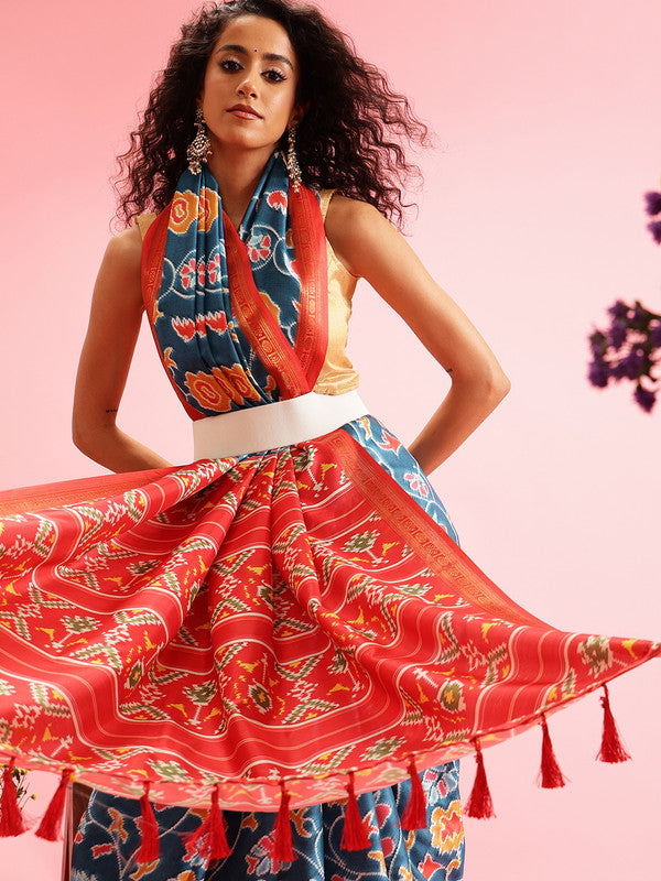 Turquoise Silk Blend Digital Print Ikkat Saree with Unstitched Blouse - Hiral Fashion - Distacart