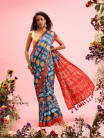 Thumbnail for Turquoise Silk Blend Digital Print Ikkat Saree with Unstitched Blouse - Hiral Fashion - Distacart