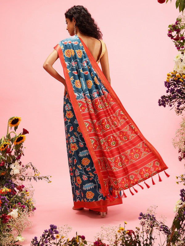 Turquoise Silk Blend Digital Print Ikkat Saree with Unstitched Blouse - Hiral Fashion - Distacart