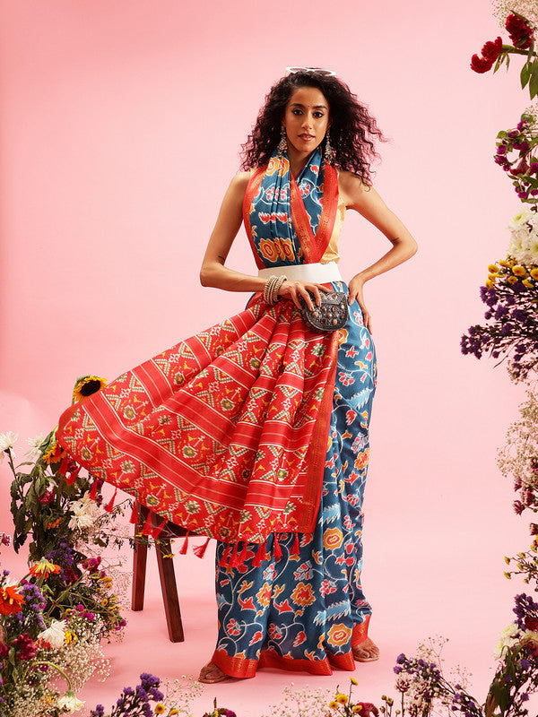 Turquoise Silk Blend Digital Print Ikkat Saree with Unstitched Blouse - Hiral Fashion - Distacart