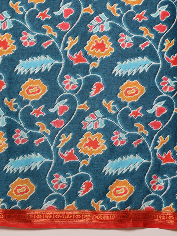 Turquoise Silk Blend Digital Print Ikkat Saree with Unstitched Blouse - Hiral Fashion - Distacart