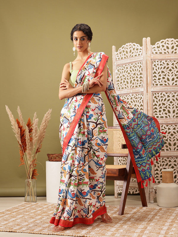 White Silk Blend Digital Print Ikkat Saree with Unstitched Blouse - Hiral Fashion - Distacart