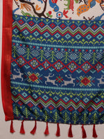 Thumbnail for White Silk Blend Digital Print Ikkat Saree with Unstitched Blouse - Hiral Fashion - Distacart