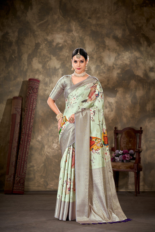 Green Art Silk Printed Floral Saree with Unstitched Blouse - Hiral Fashion - Distacart