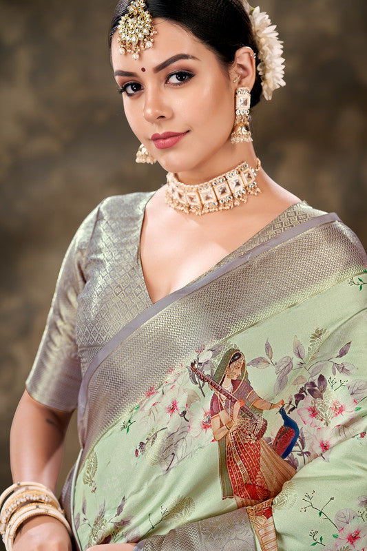 Green Art Silk Printed Floral Saree with Unstitched Blouse - Hiral Fashion - Distacart