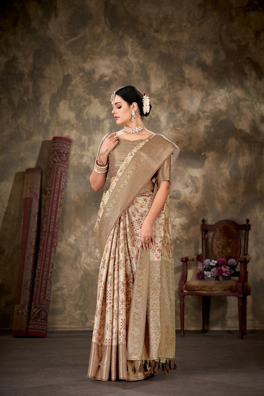 Beige Art Silk Printed Floral Saree with Unstitched Blouse - Hiral Fashion - Distacart