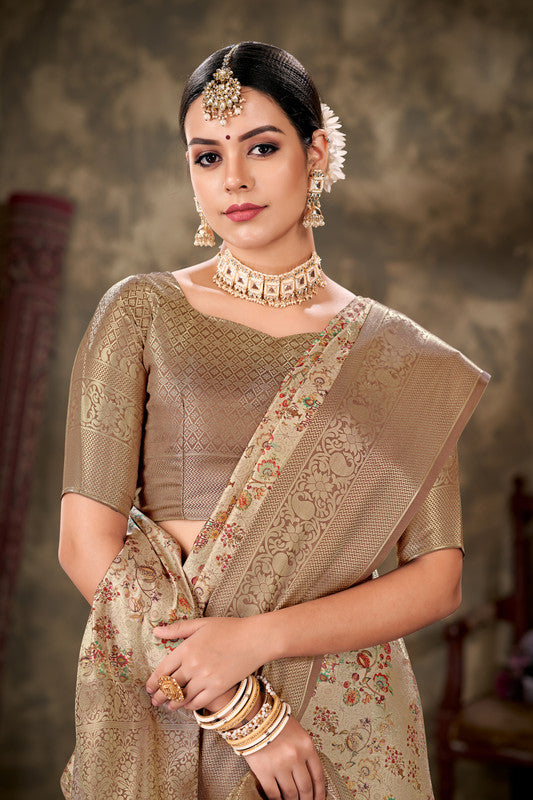 Beige Art Silk Printed Floral Saree with Unstitched Blouse - Hiral Fashion - Distacart