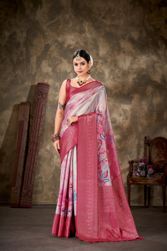 Pink Art Silk Printed Floral Saree with Unstitched Blouse - Hiral Fashion - Distacart