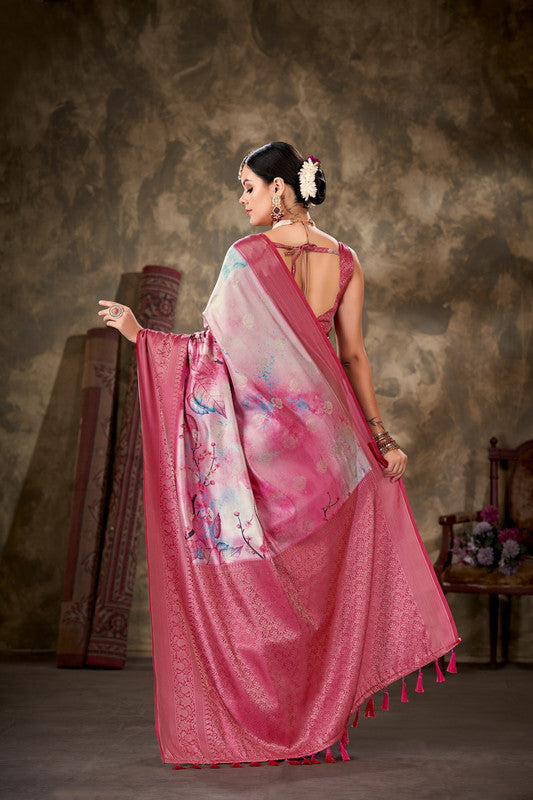 Pink Art Silk Printed Floral Saree with Unstitched Blouse - Hiral Fashion - Distacart