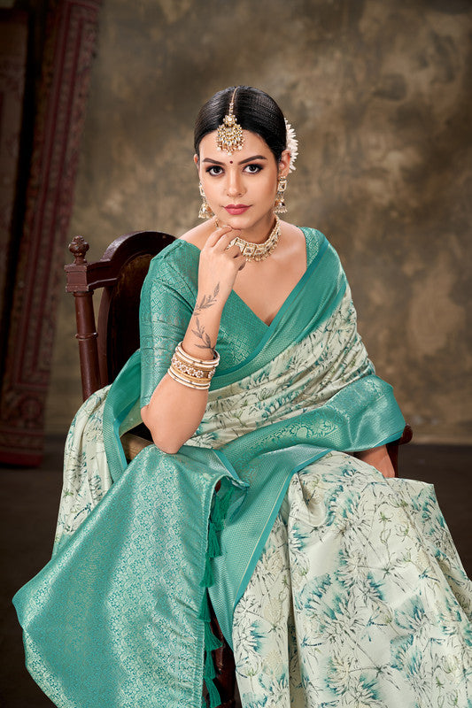 Turquoise Art Silk Printed Floral Saree with Unstitched Blouse - Hiral Fashion - Distacart