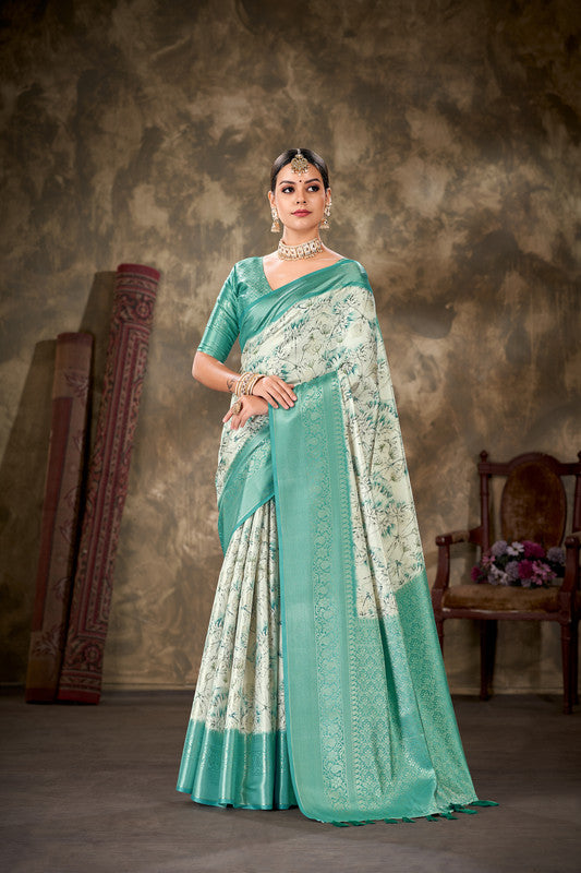 Turquoise Art Silk Printed Floral Saree with Unstitched Blouse - Hiral Fashion - Distacart