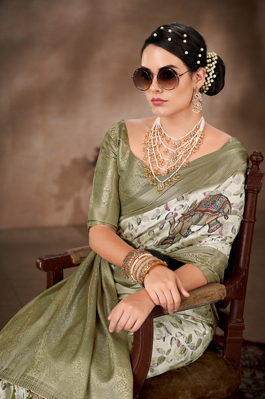Olive Art Silk Printed Floral Saree with Unstitched Blouse - Hiral Fashion - Distacart