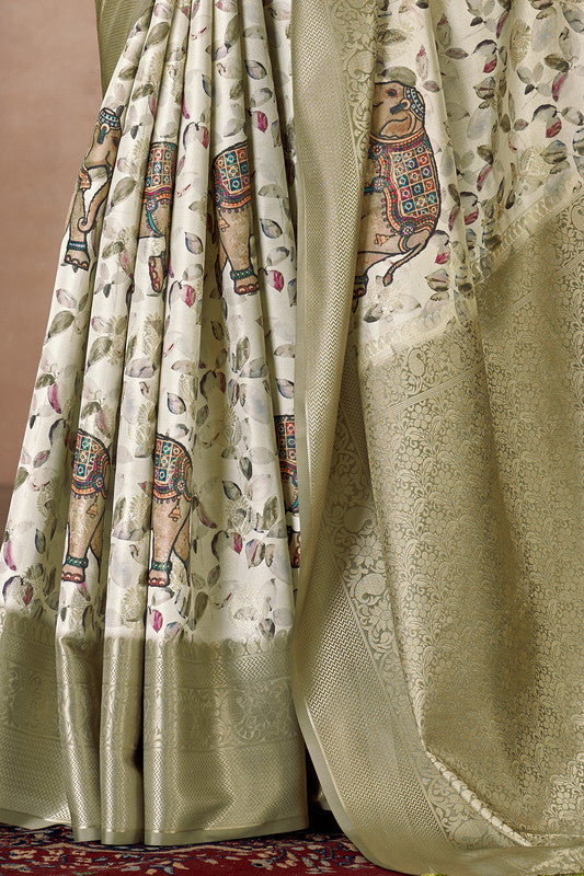 Olive Art Silk Printed Floral Saree with Unstitched Blouse - Hiral Fashion - Distacart