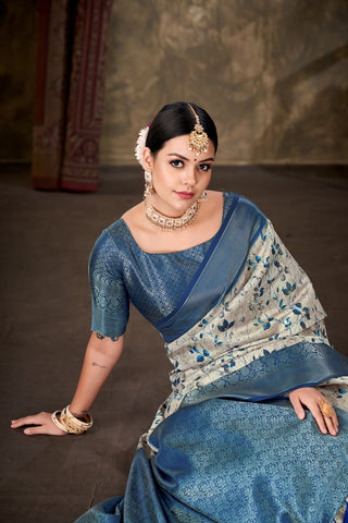 Blue Art Silk Printed Floral Saree with Unstitched Blouse - Hiral Fashion - Distacart