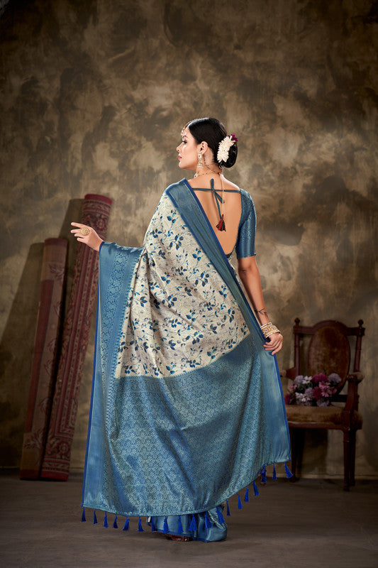 Blue Art Silk Printed Floral Saree with Unstitched Blouse - Hiral Fashion - Distacart