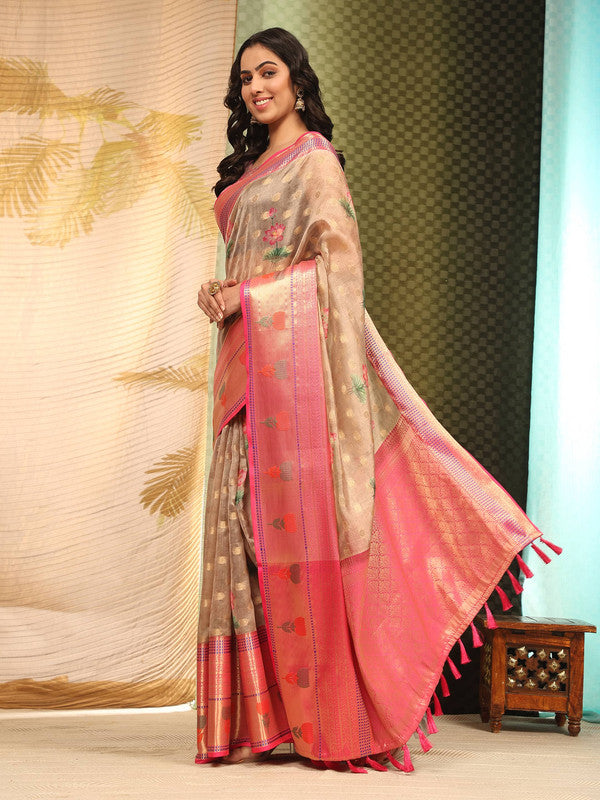 Beige Art Silk Digital Print Floral Saree with Unstitched Blouse - Hiral Fashion - Distacart