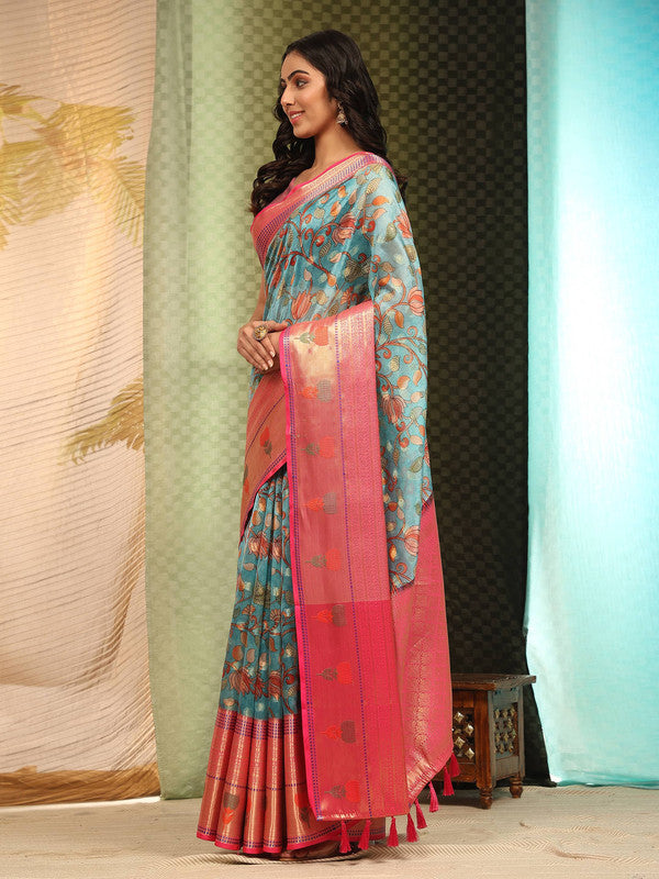 Blue Art Silk Digital Print Floral Saree with Unstitched Blouse - Hiral Fashion - Distacart