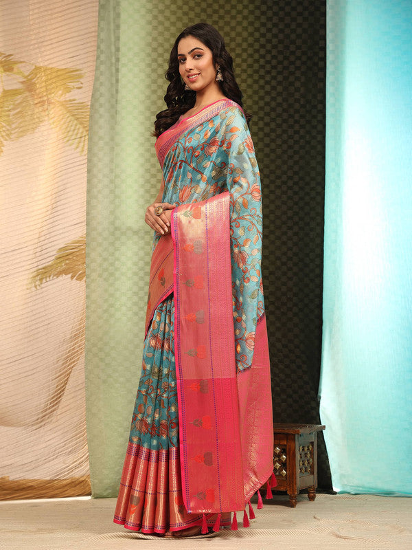 Blue Art Silk Digital Print Floral Saree with Unstitched Blouse - Hiral Fashion - Distacart