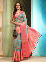 Thumbnail for Blue Art Silk Digital Print Floral Saree with Unstitched Blouse - Hiral Fashion - Distacart
