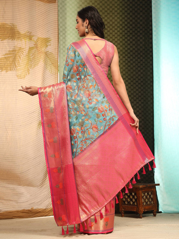 Blue Art Silk Digital Print Floral Saree with Unstitched Blouse - Hiral Fashion - Distacart