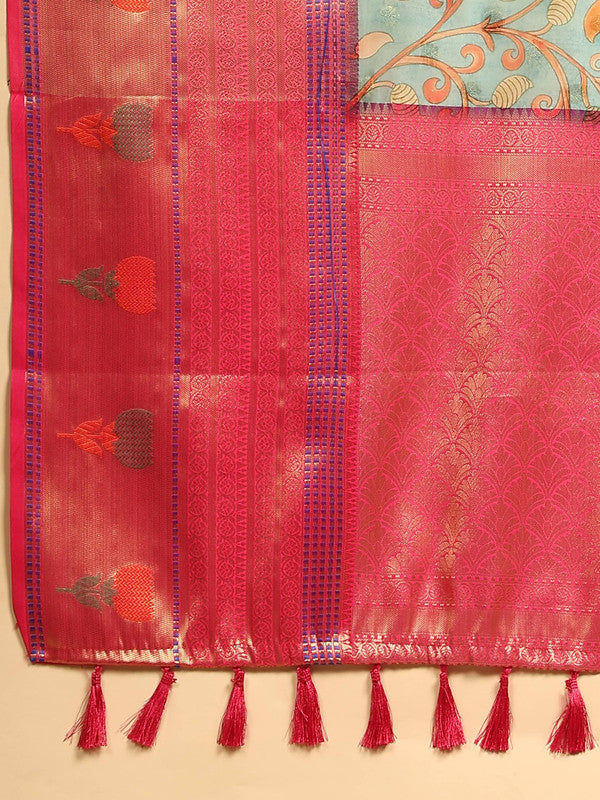 Blue Art Silk Digital Print Floral Saree with Unstitched Blouse - Hiral Fashion - Distacart