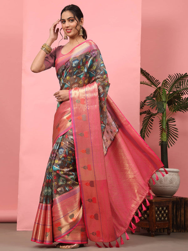 Brown Art Silk Digital Print Floral Saree with Unstitched Blouse - Hiral Fashion - Distacart
