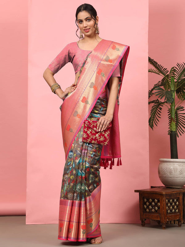 Brown Art Silk Digital Print Floral Saree with Unstitched Blouse - Hiral Fashion - Distacart