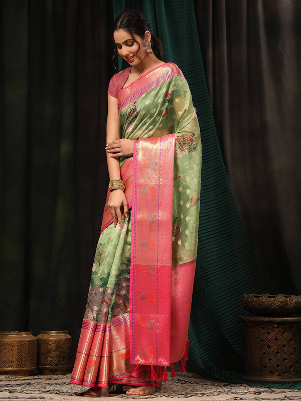 Green Art Silk Digital Print Floral Saree with Unstitched Blouse - Hiral Fashion - Distacart