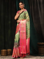 Thumbnail for Green Art Silk Digital Print Floral Saree with Unstitched Blouse - Hiral Fashion - Distacart