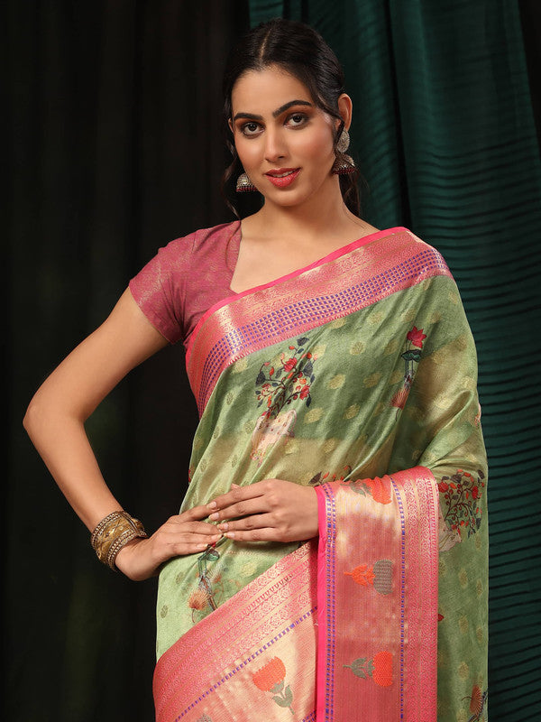Green Art Silk Digital Print Floral Saree with Unstitched Blouse - Hiral Fashion - Distacart