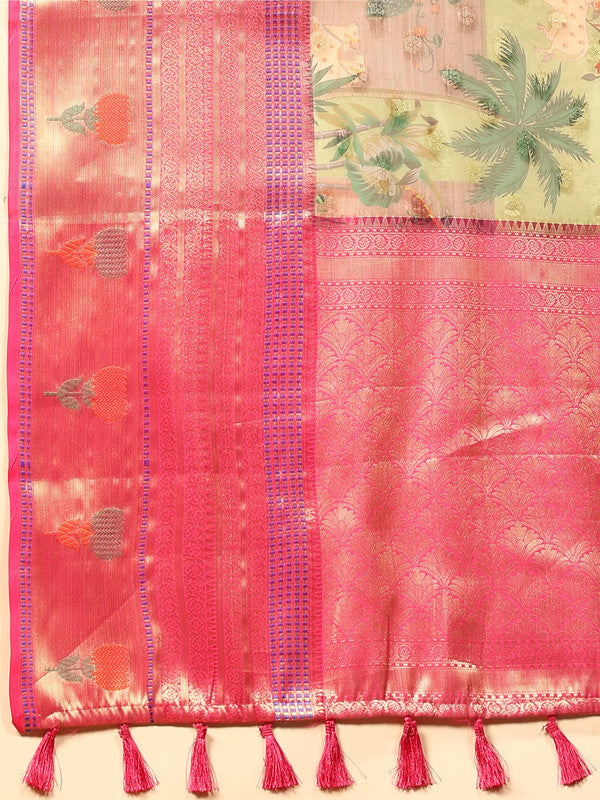 Green Art Silk Digital Print Floral Saree with Unstitched Blouse - Hiral Fashion - Distacart