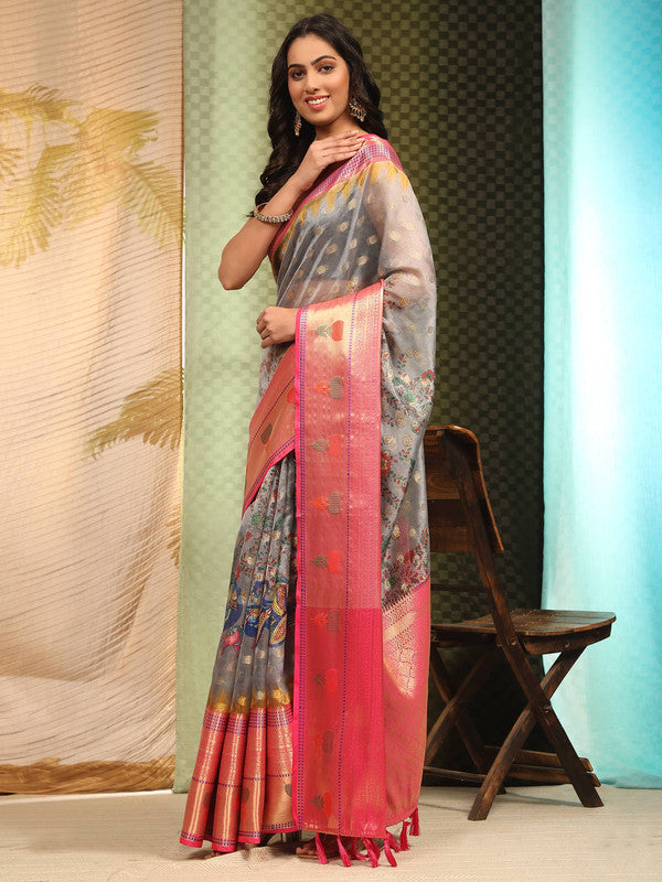 Gray Art Silk Digital Print Floral Saree with Unstitched Blouse - Hiral Fashion - Distacart