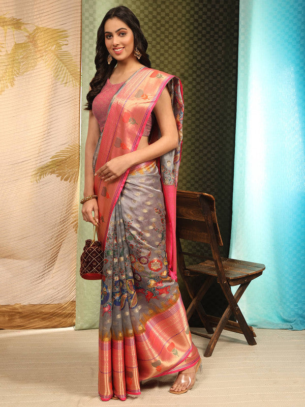 Gray Art Silk Digital Print Floral Saree with Unstitched Blouse - Hiral Fashion - Distacart